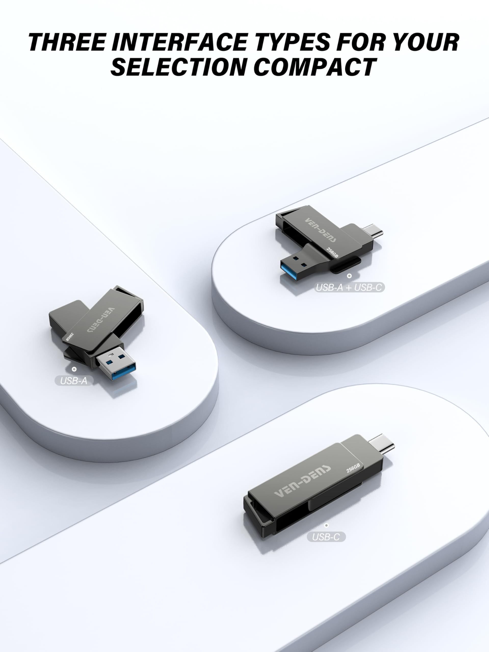 VEN-DENS Chiavetta USB 3.2 2 in 1 con doppia interfaccia di tipo C e USB-A, memoria esterna USB, in lega di zinco ad alta velocità, per Android, laptop, MacBook, Windows, smartphone e PC (256 GB)