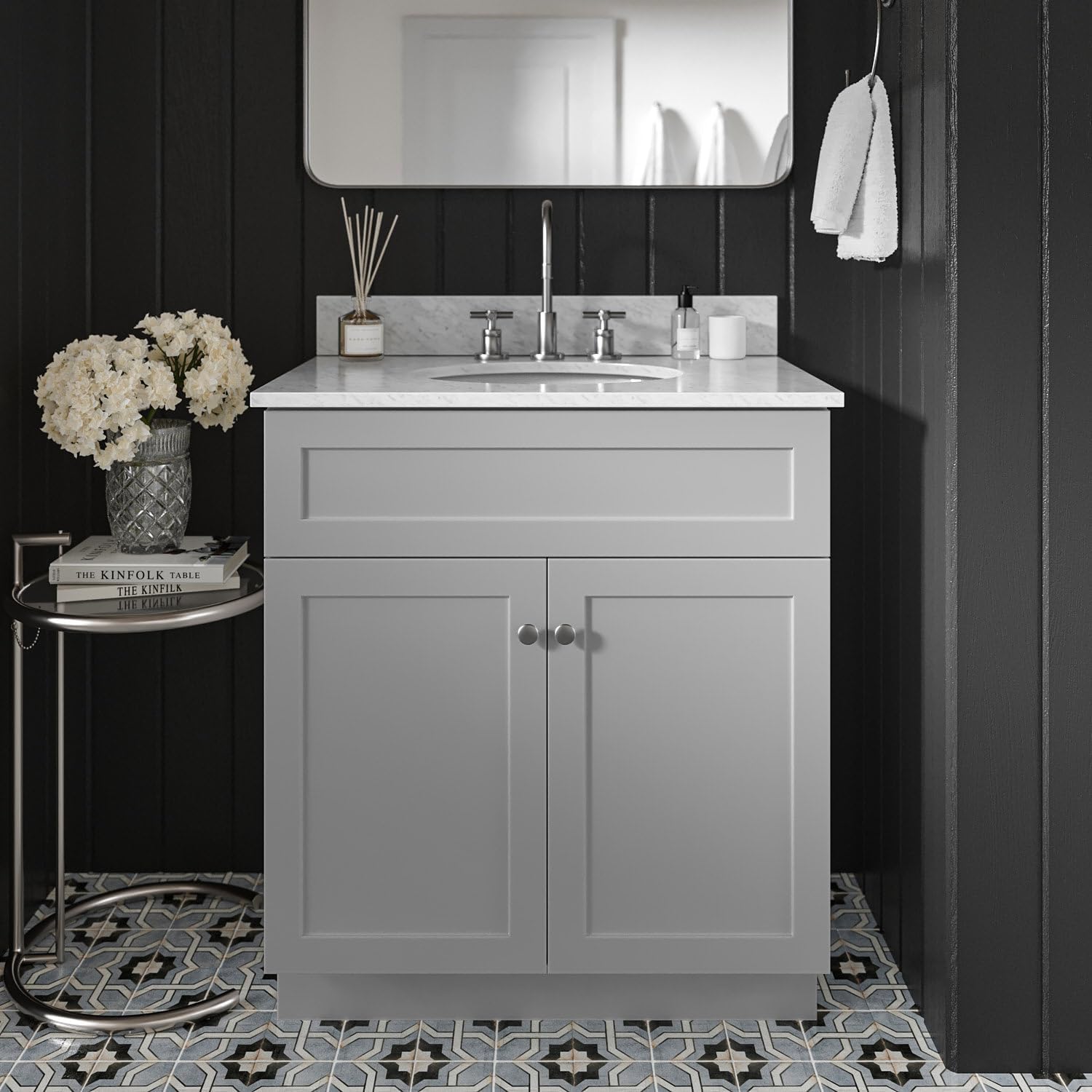 DKB Bradford 31" Grey Bathroom Vanity with Single Undermount Sink, Italian Carrara Marble Countertop, Solid Wood Frame, 2 Soft Closing Doors, 1 Dovetail Drawer