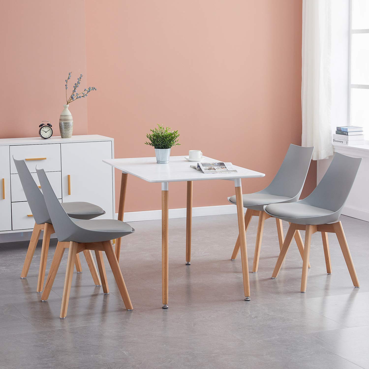 Ensemble table de salle à manger moderne rectangulaire et chaises avec pieds en bois massif Moderne table+4 chairs gris