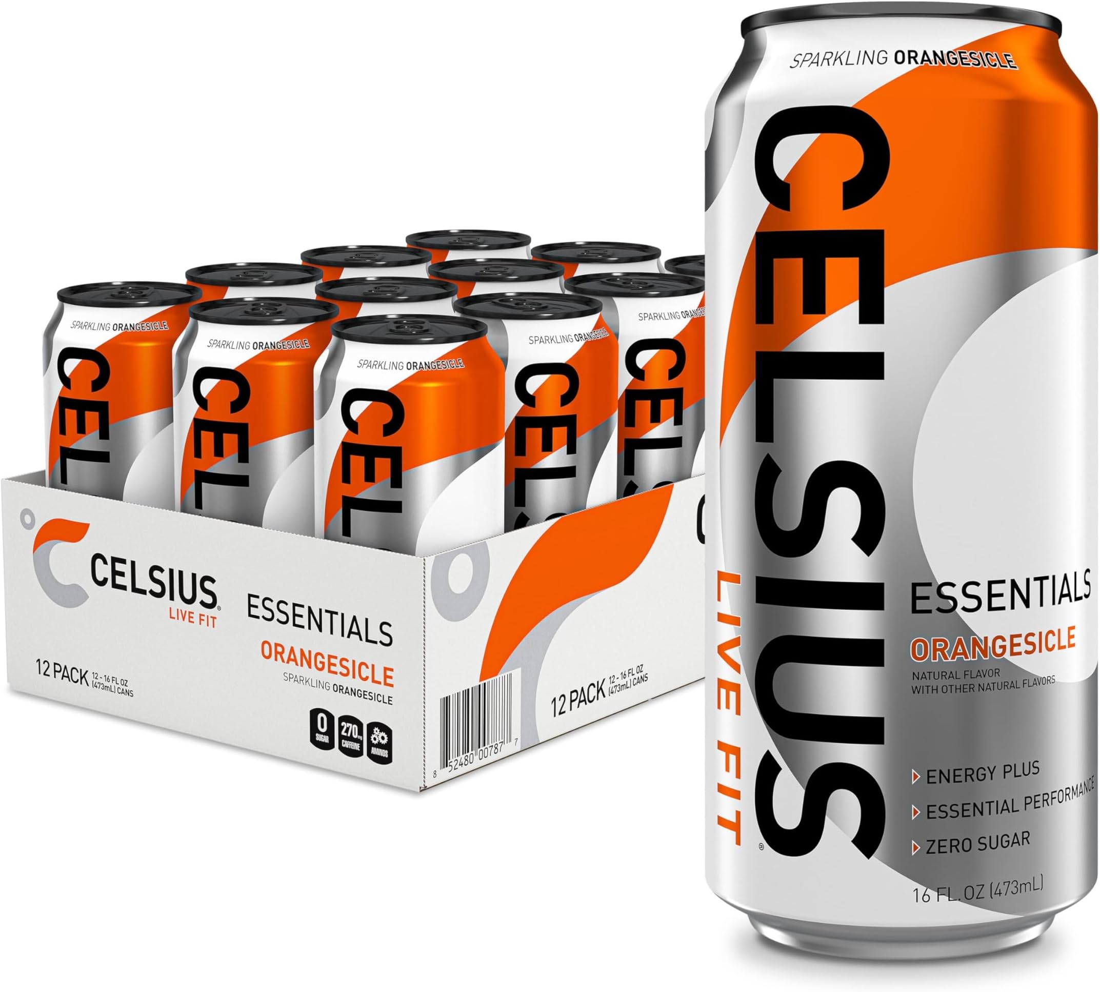 CELSIUS ESSENTIALS™ Sparkling Orangesicle, Sugar Free Performance Energy Drink, 16 Fl Oz (Pack of 12)