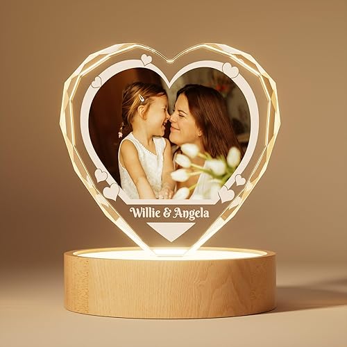 Bemaystar Regalos personalizados para mamá, foto de cristal en 3D, regalos de cumpleaños para mamá de hija e hijo, corazón