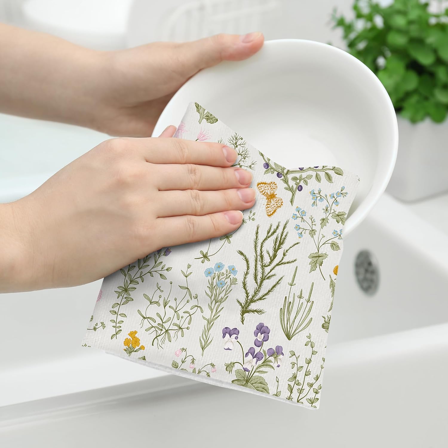 Spring Floral Kitchen Towels Decorative Set of 2, Summer Flower Dish Towels for Kitchen Decor, Cute Natural Herbs Absorbent Hand Drying Dish Cloth - Image 3