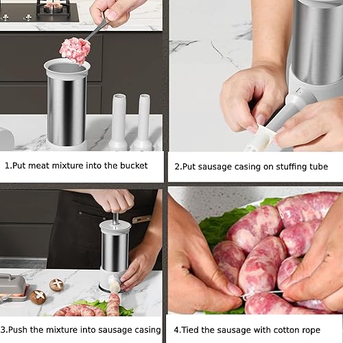 Miniatura 4 de ROSROSE Máquina de relleno de salchichas con 4 tubos de relleno, relleno de salchichas de carne, kit de herramientas vertical manual casero para
