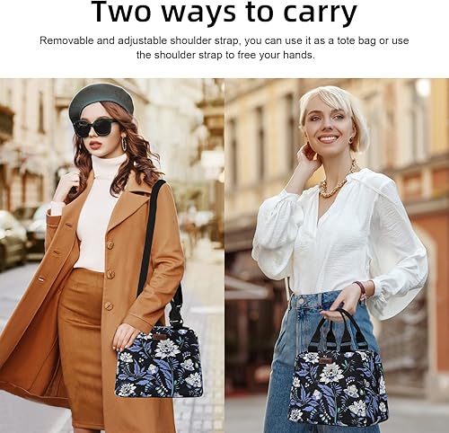 Miniatura 7 de PBRO Lonchera térmica para mujeres, bolsa de almuerzo reutilizable de amplia apertura con cinturón de hombro ajustable, bonito bordado floral,