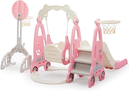 Miniatura 7 de Juego de toboganes 5 en 1 para niños pequeños, estructura de juego para bebés, tobogán para niños con columpio, aro de baloncesto y pelota, campo de