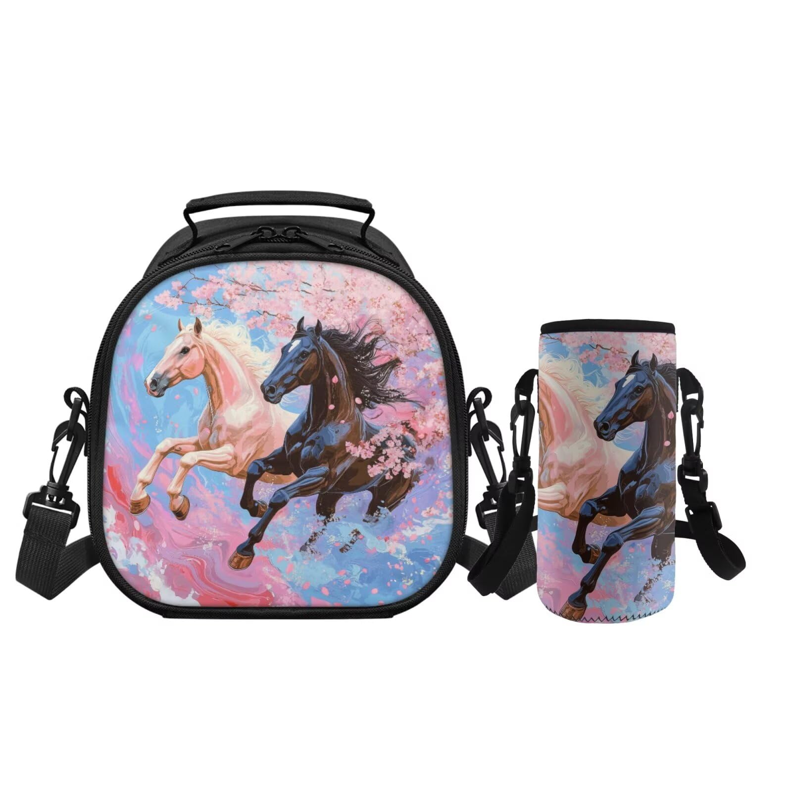 Vanideaoty Horse Boys Lunch Boxes for School Water Bottle Carrier Lunch Box with Compartments Front Pocket Lightweight Water Bottle Protector for Outdoors