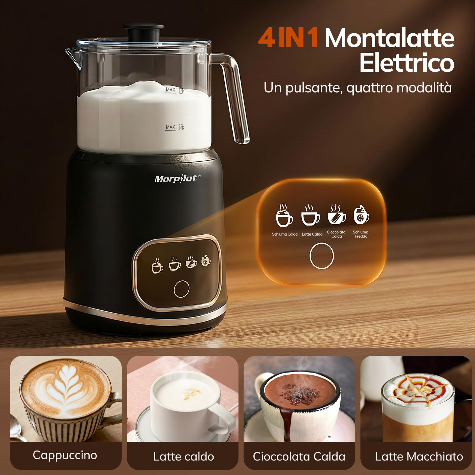 Morpilot Espumador de Leche, Espumador Eléctrico de Vidrio, 4 en 1 Funciones, Capacidad 300ml para Capuchino o 600ml para Leche Caliente, Diseño Separado, Negro