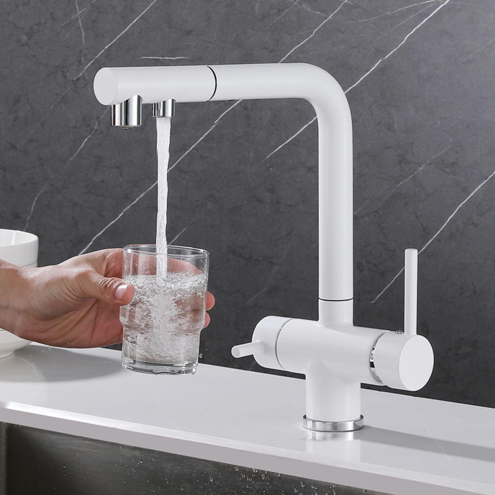Grifo de Cocina Osmosis 3 Vias Extraible Giratorio 2 Modos Multifunción Grifo Cocina 3 Vias-Blanco