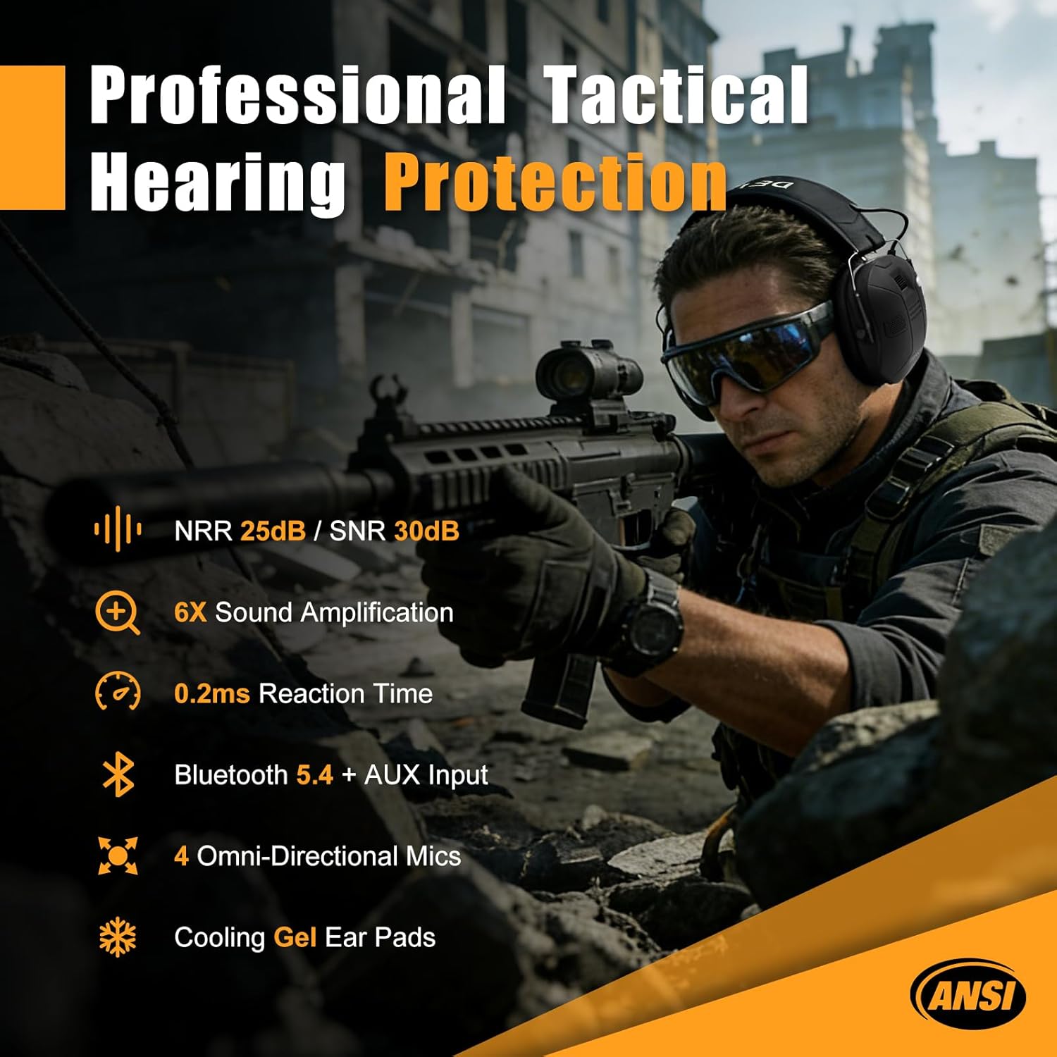 Electronic Shooting Ear Protection with Bluetooth, 6X Sound Amplification, 4-Mic 360° Hearing Enhancement, 30dB SNR, Gel Ear Pads for Long Range Comfort – Gun Range & Hunting