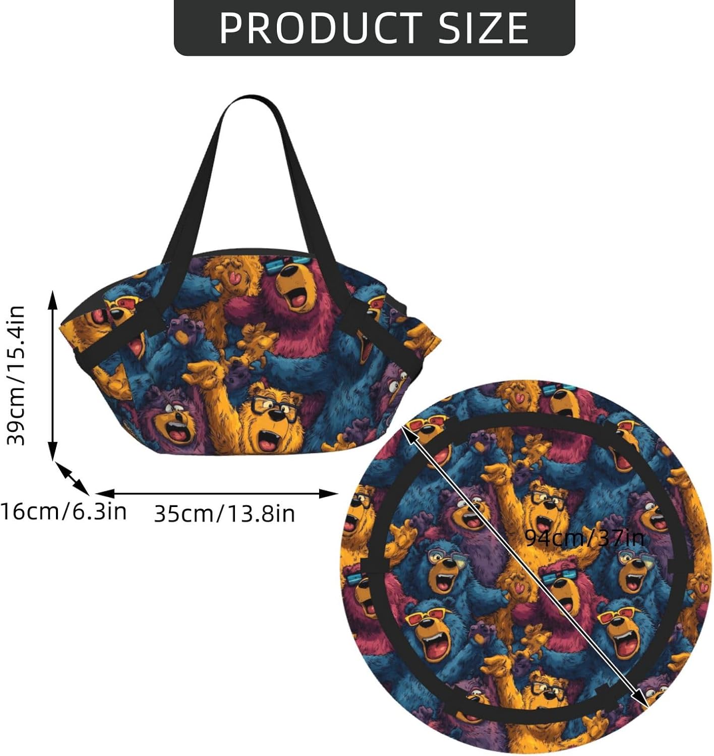 Funny Cartoon Bears Pattern Foldable Camping Tote Bag Picnic Blanket Bag Portable Beach Mat Tote Waterproof Outdoor Picnic Mat Carry Bag