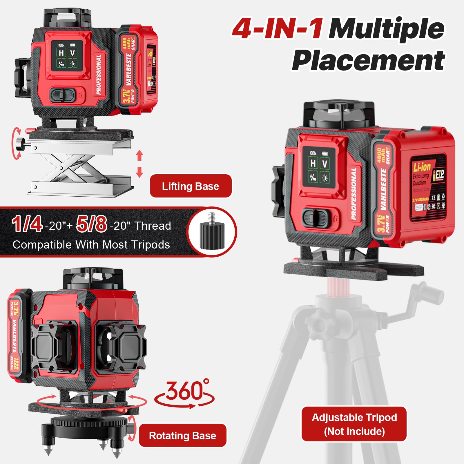 Niveau Laser, 4D 16 Lignes Laser Chantier avec 2x4800mAh Batterie/Grand écran LED, Niveau Laser 360 Autonivelant, APP, Télécommande, IP54 Étanche pour la Construction