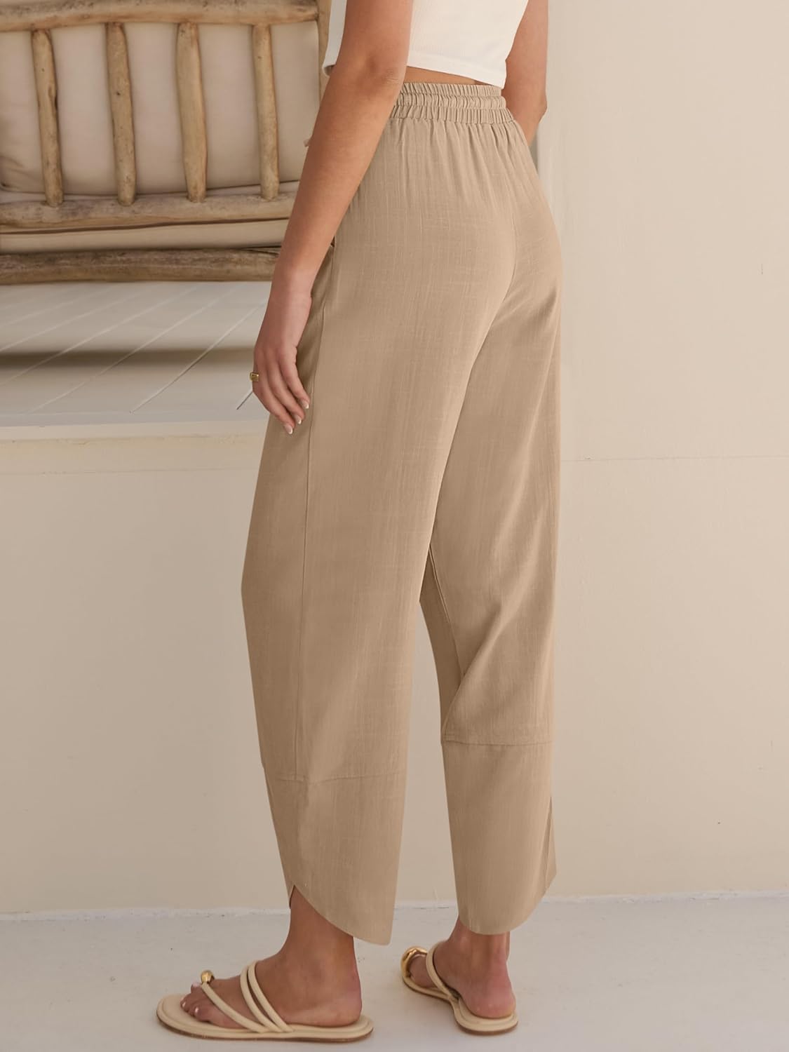 Caracilia Womens Wide Leg Capri Palazzo Pants Drawstring Casual Lounge Flowy Summer Beach Vacation Crop Trousers with Pockets - Image 4