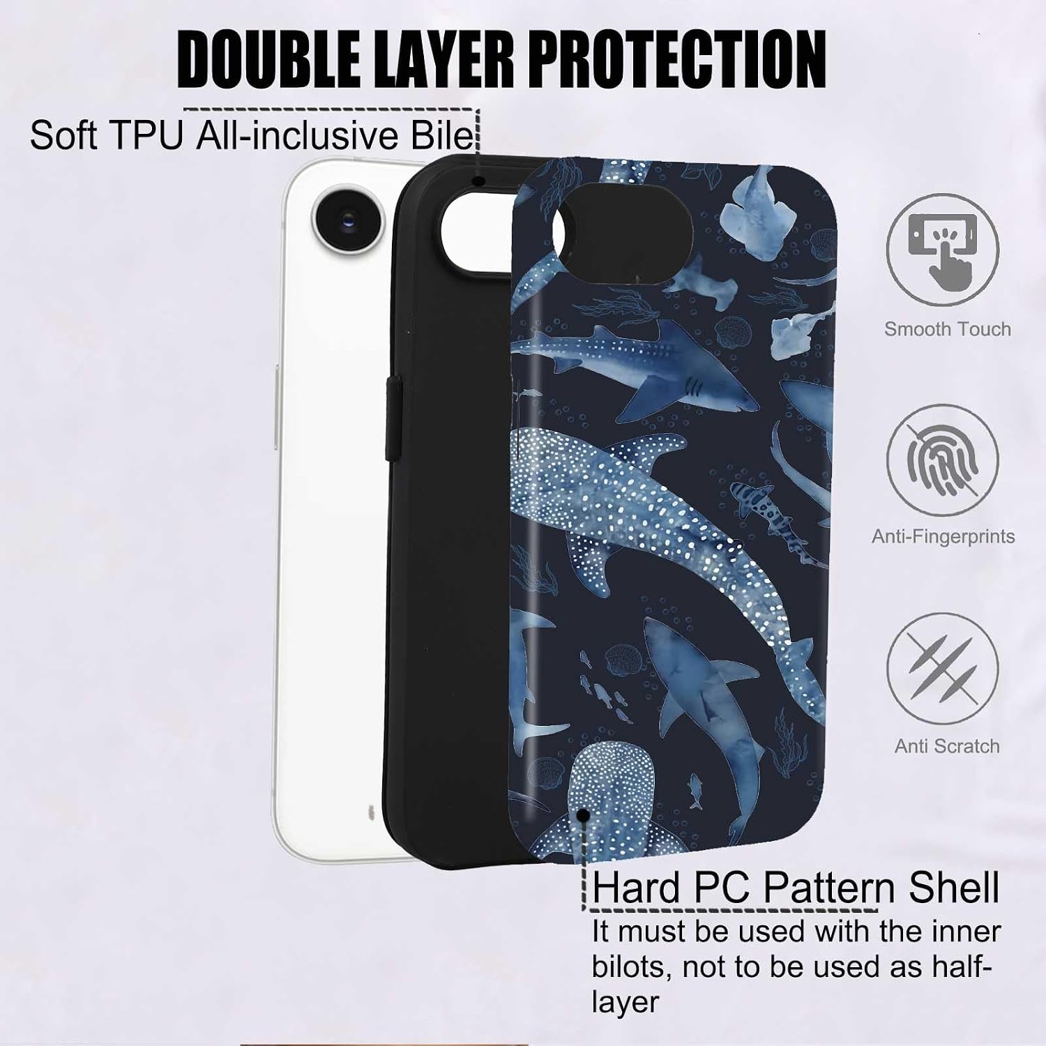 Cute Dark Blue Shark Aesthetic Phone Case for iPhone 16e/17e (6.1"), Shockproof Soft TPU & Hard PC Hybrid 2-Layer Protective Phone Cover for Kids Teen Girls Women image 2