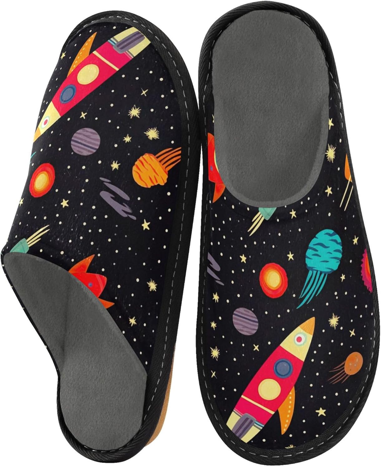 Space Galaxy Planet Rocket House Slippers – Cozy Fuzzy Slippers for Guests, Washable & Disposable, Perfect for Shoeless Home, Spa & Hotel Use A110271