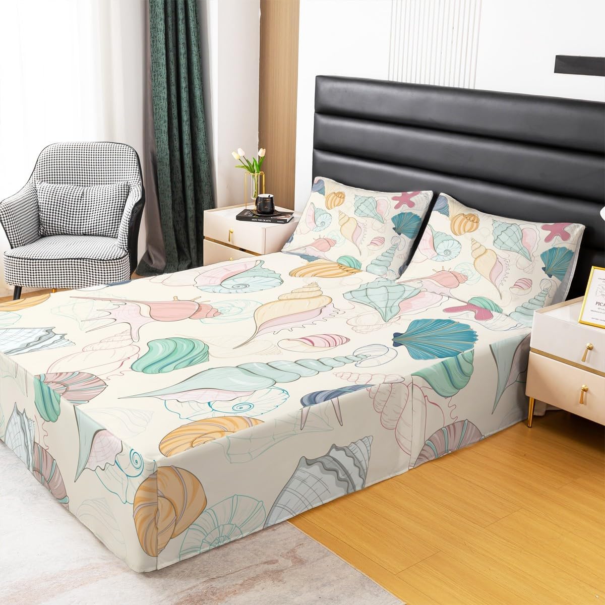 Feelyou Shell Sheet & Wrap Around Bed Skirt for Kids Boys Girls Ocean Creature Dust Ruffle Bedskirt 15 Inch Drop Sea Underwater Pleated Bed Skirt for Queen Bed with Split Corners