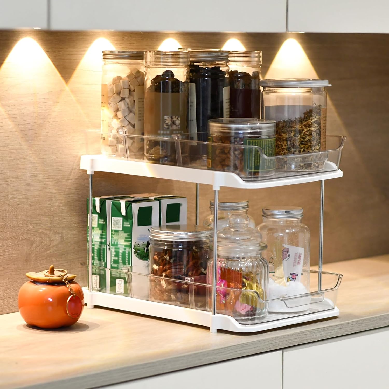 WBJKZJD 2段 バスルームストレージオーガナイザー 引き出し式シンク下オーガナイザーストレージ 積み重ね可能なパントリーキッチ