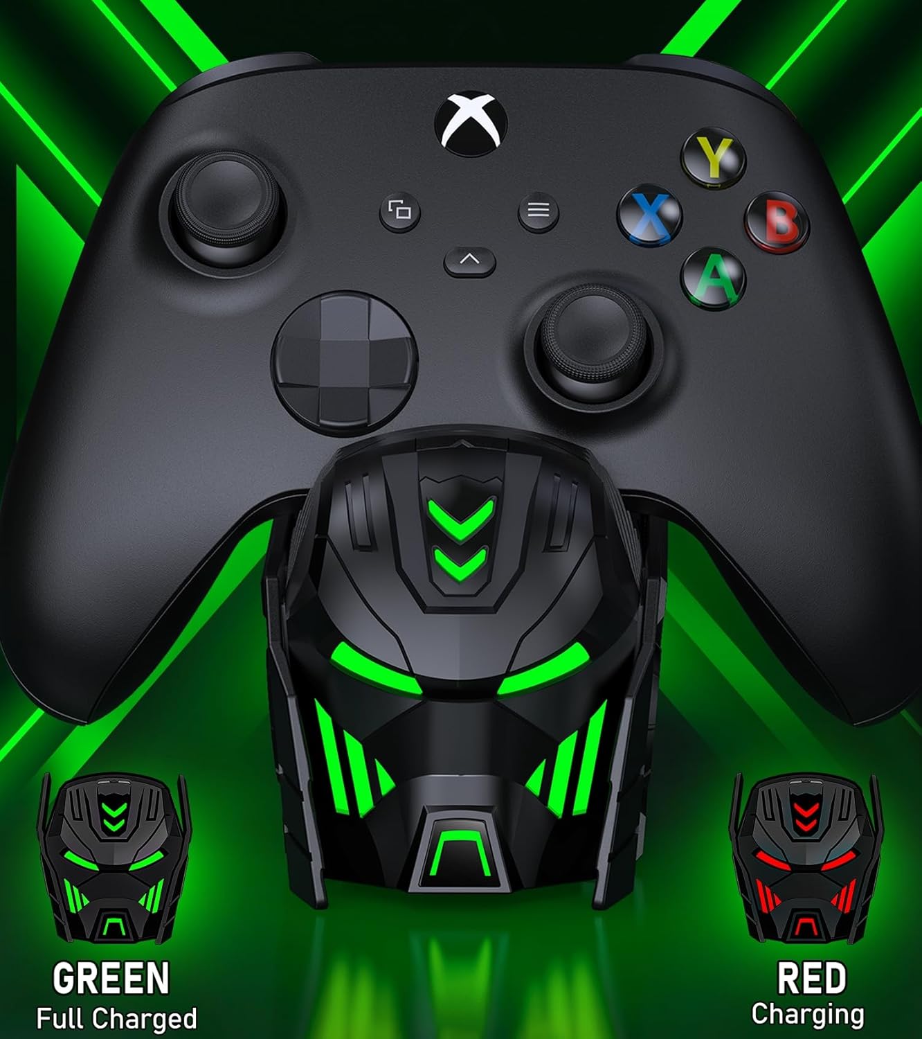 LED indicators on the charger station showing red for charging and green for fully charged