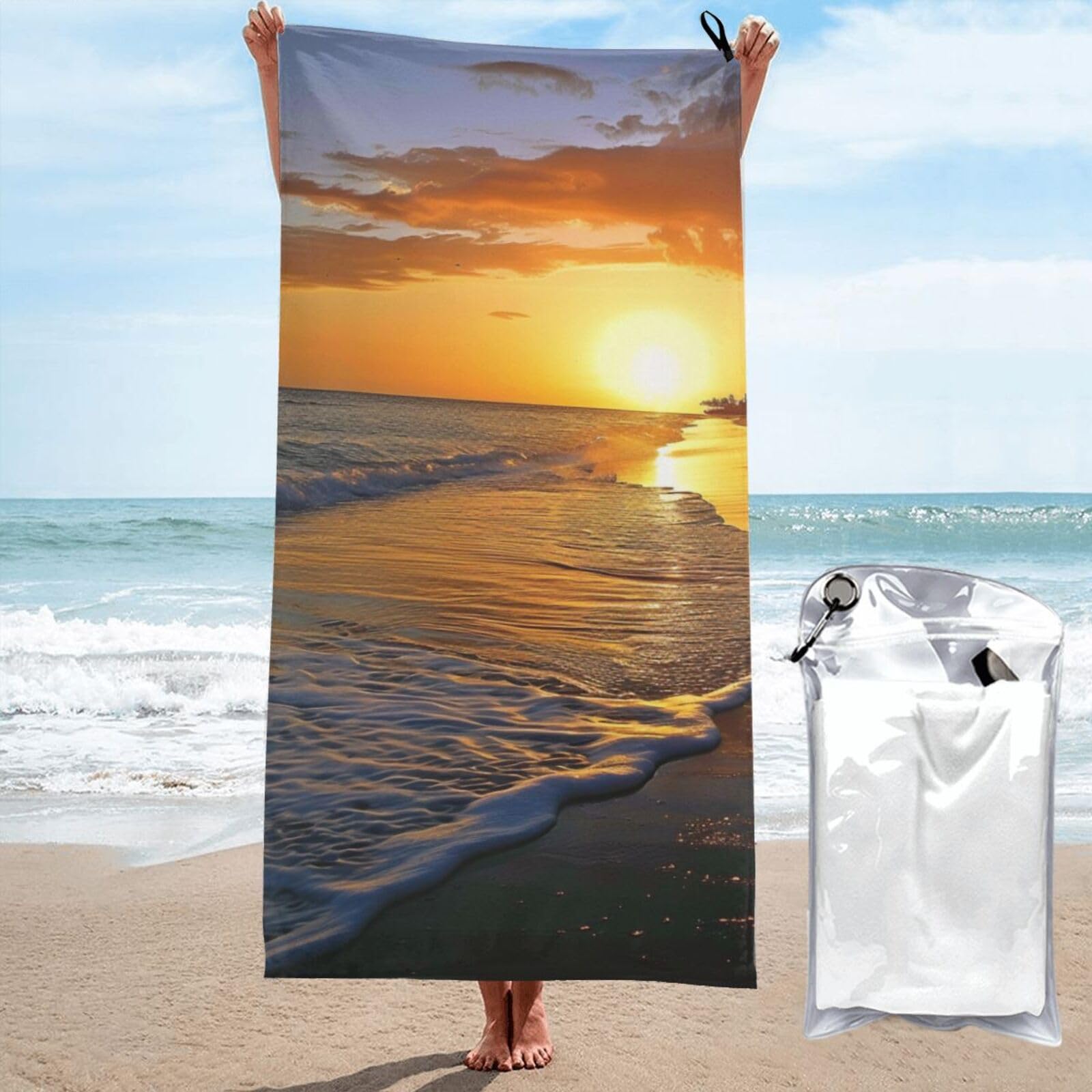 BWWHCCTI beach with sunset Printed Microfiber Quick Dry Beach Towel 80x160 CM, Fast Drying Bath Towels with Bags for Travel,Camping,Gym,Beach,Swimming,Yoga