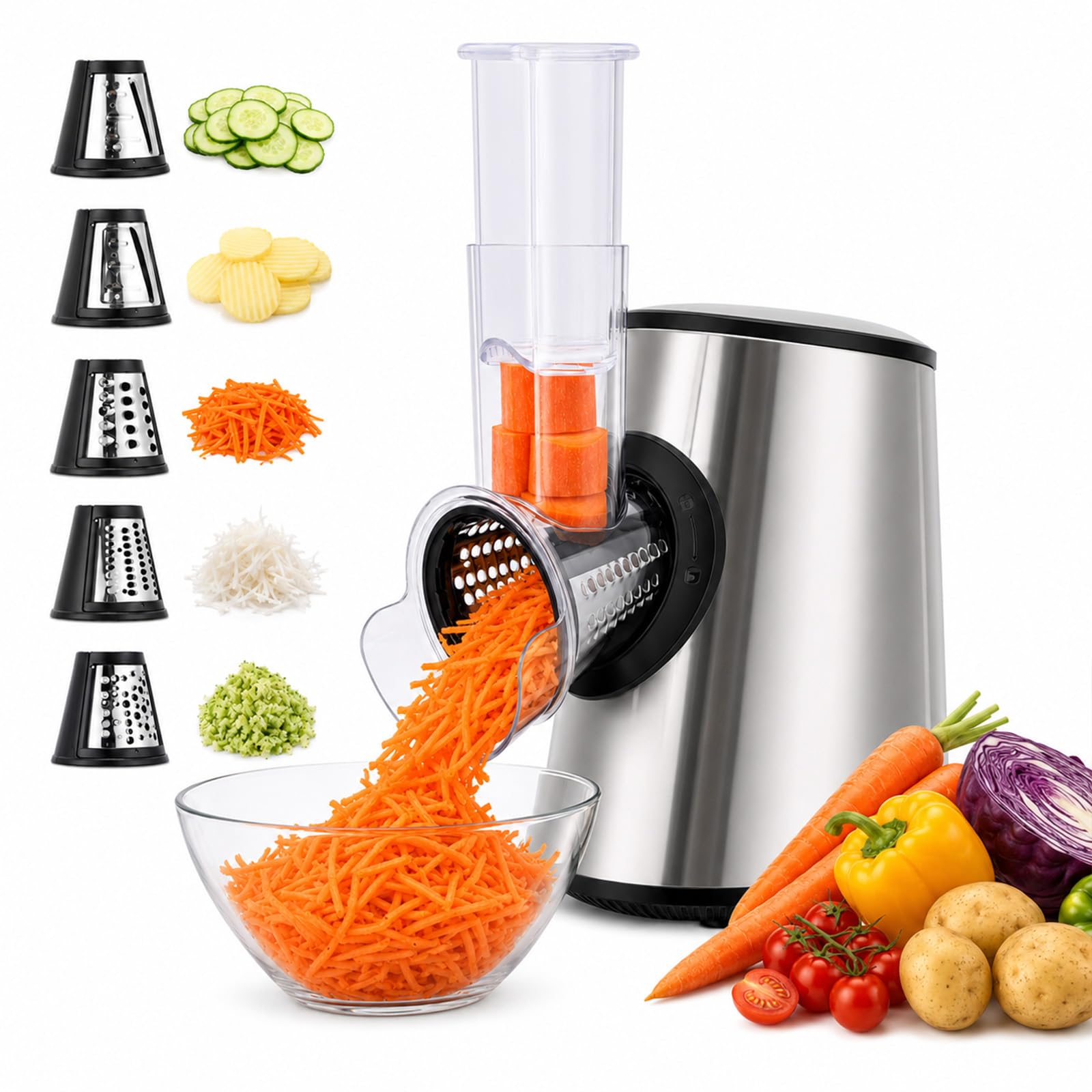 Rallador Eléctrico Profesional 5 en 1, 800 W con 5 Conos en Acero Inoxidable, Cortador y Picadora Multifunción con Apertura Grande de 9 cm para Frutas, Verduras, Queso, Nueces, Zanahorias, Gris