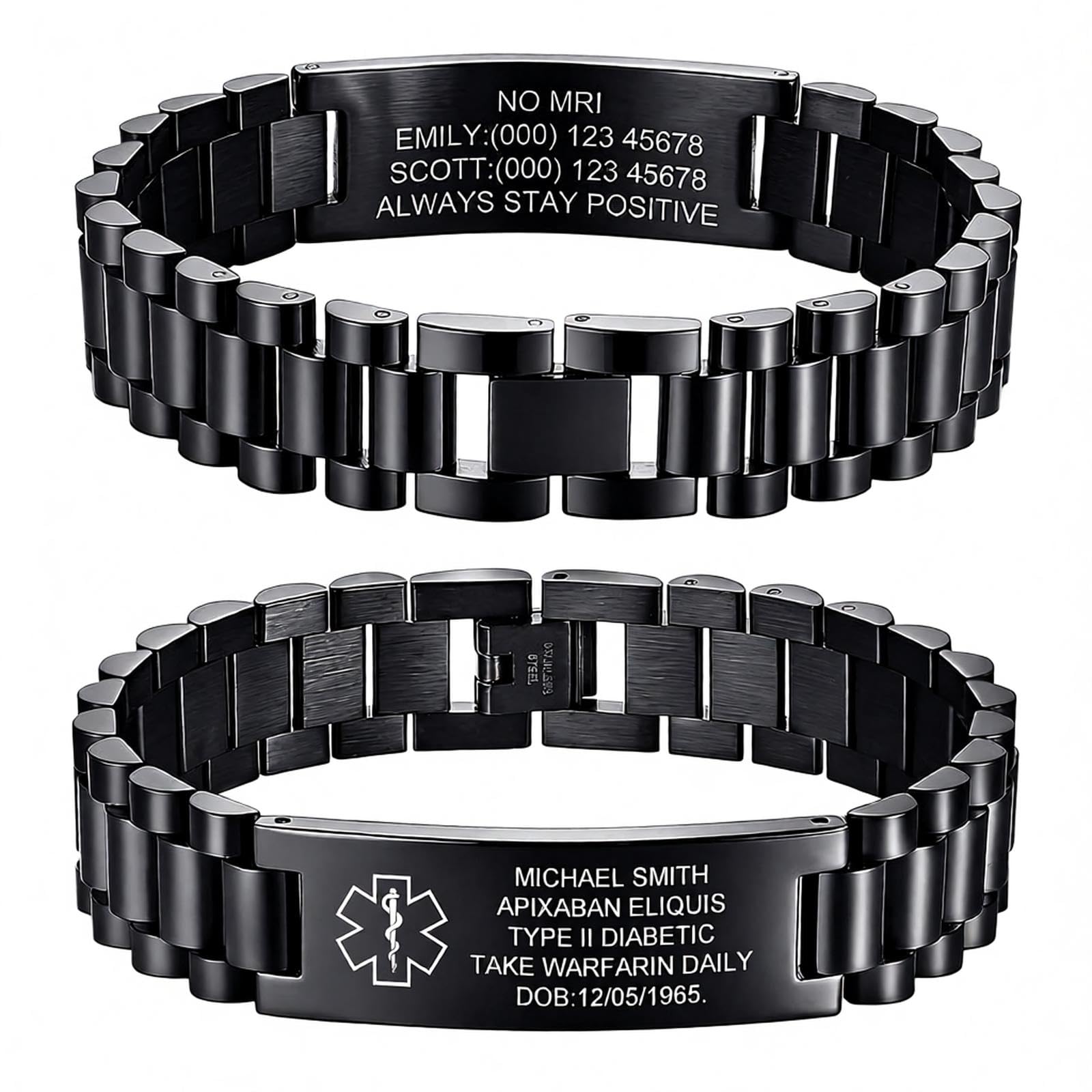 Medical ID Bracelet Black Masculine Band Medical Alert Wristband for Men