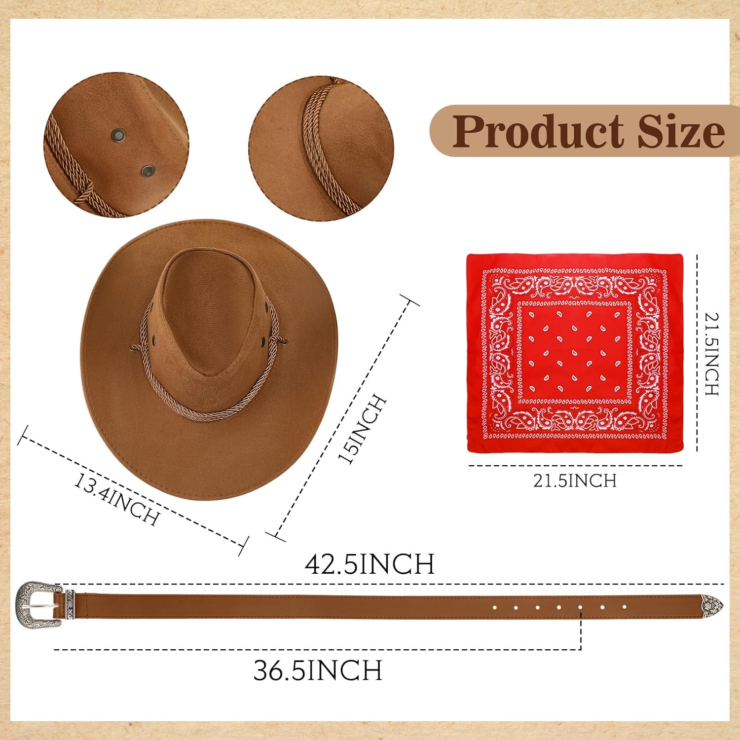Shyyween 4 Pcs Western Cowboy Outfit Costume for Men Camel Hat Belt Bandana Yellow Plaid Flannel Shirt for Halloween Cosplay