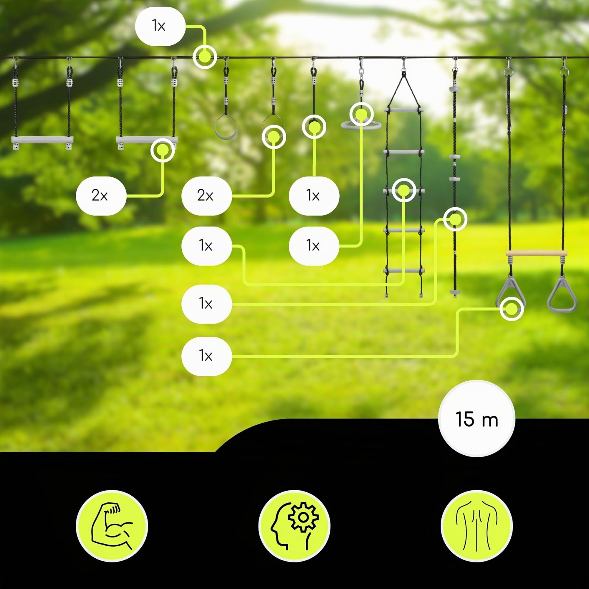 HyperMotion Set de Obstáculos para Niños Ninja con 9 herramientas - Kit Slackline con ruedas, varillas y escalera para entrenamiento - Resistente hasta 113 kg - Equipo de jardín para la familia