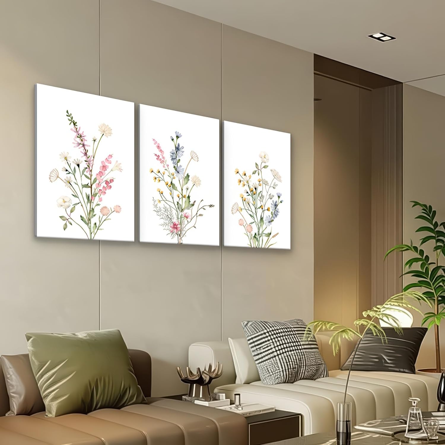 Floral Wall Art Set of 3, Framed Watercolor Retro Flowers Canvas Paintings, Minimalist Rustic Country Decor for Living room, office, bedroom, hallway– 16x24 Inch Each, Ready to Hang