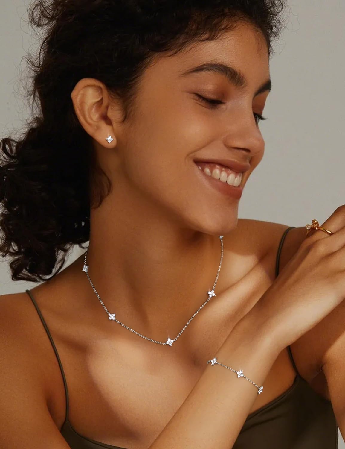 ORAZIO Dainty Silver Gold Jewelry Set for Women Trendy 14K Gold Plated CZ Flowers Pendant Choker Necklaces for Women Stud Earrings Clover Link Bracelets Stack Jewelry Gifts for Wedding Prom Brides - Image 4