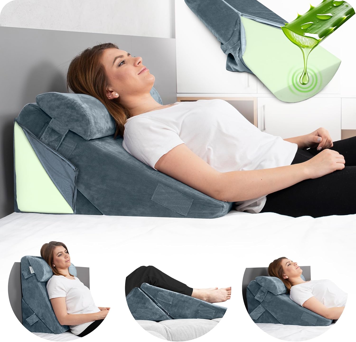 Lunix LX6 3-Piece Compact Support for Reading, Rest & Leg Elevation, Premium Odor-Free Orthopedic Bed Wedge Pillow Set, Memory Foam, Washable Cover, Stone Navy with Aloe Vera