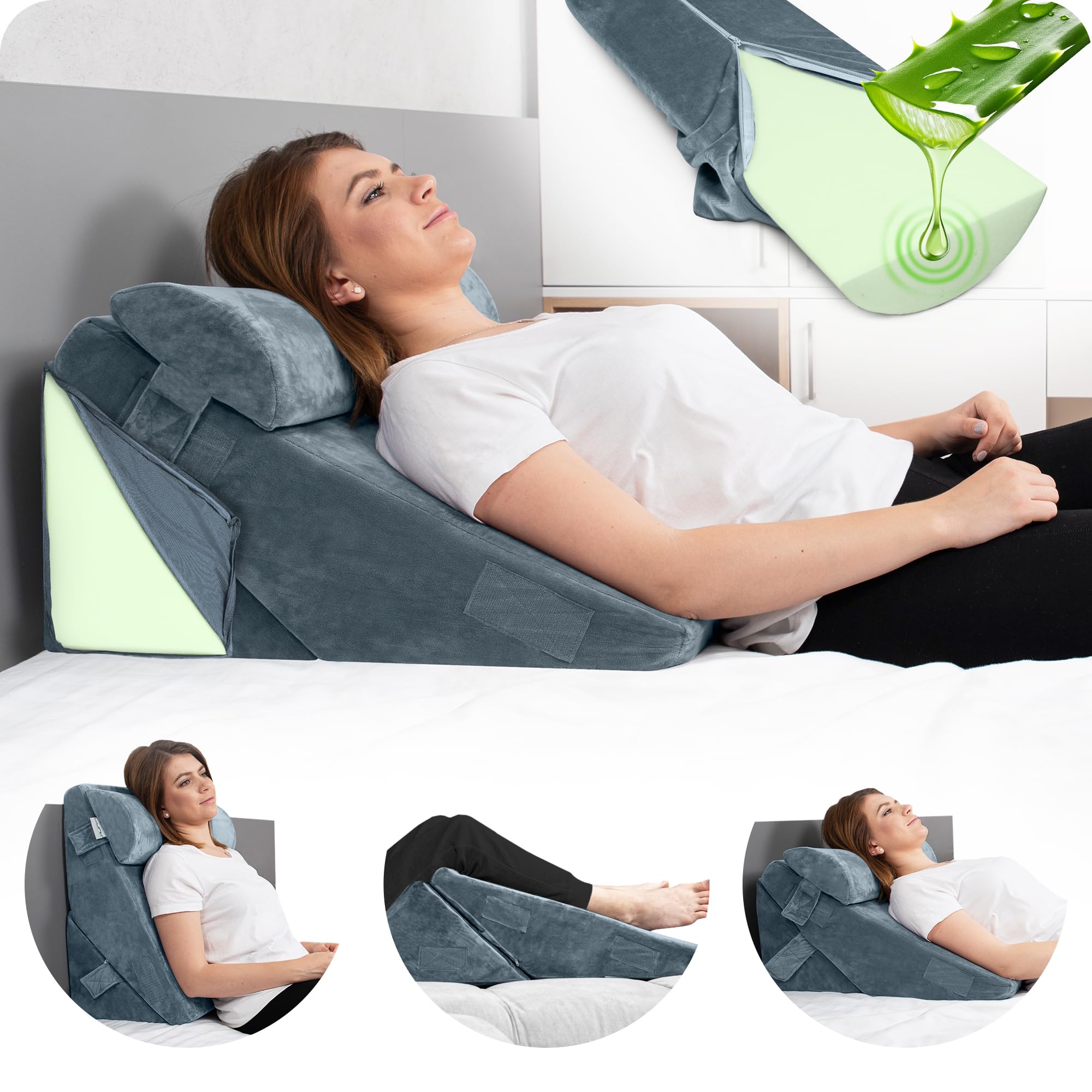 Lunix LX6 3-Piece Compact Support for Reading, Rest & Leg Elevation, Premium Odor-Free Orthopedic Bed Wedge Pillow Set, Memory Foam, Washable Cover,