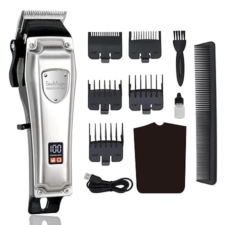 SEAMAGIC Cordless Hair Clipper for Men, Professional Rechargeable Hair Cutting Kit with LED Display for Women & Children and Family, Sliver
