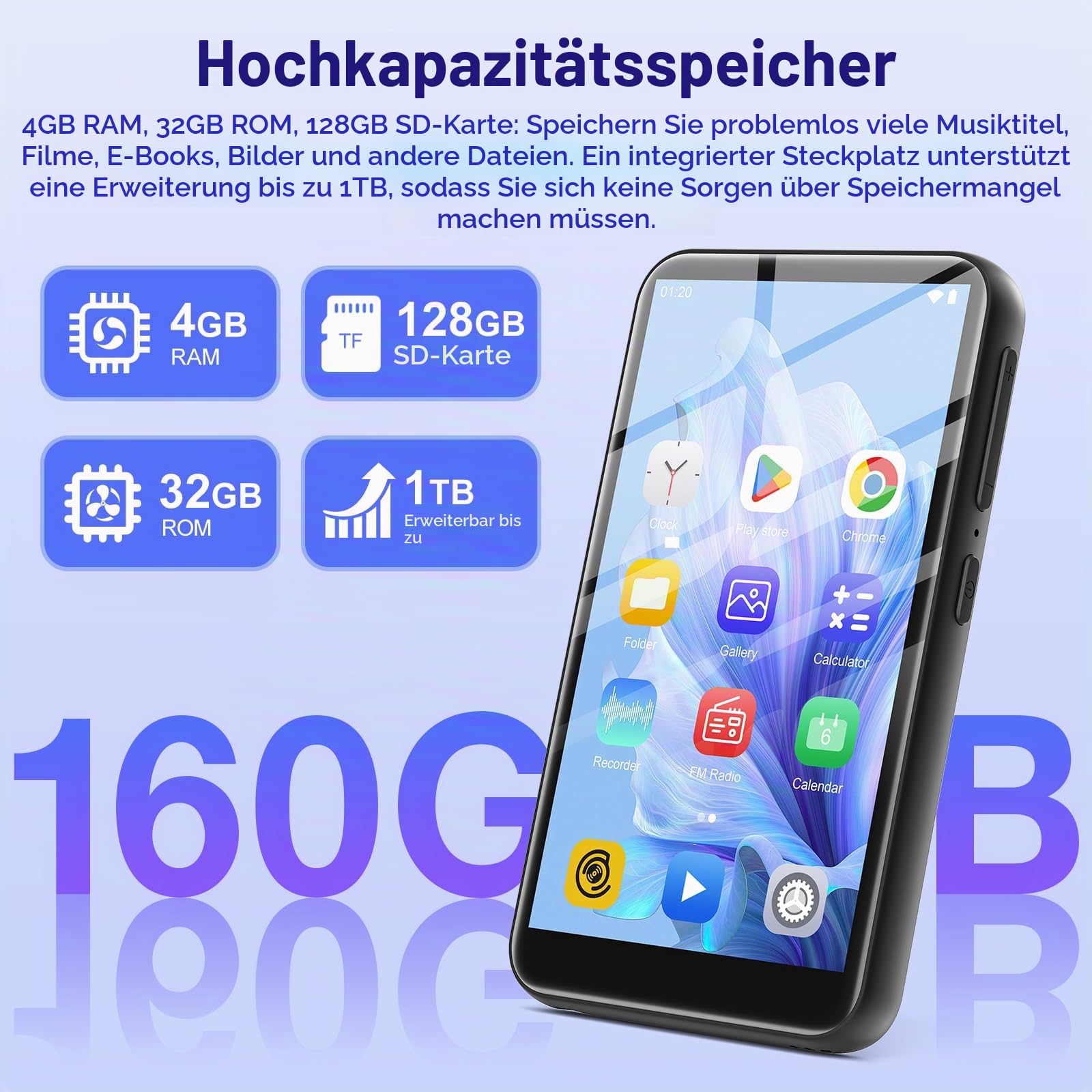 160GB MP3 Player Spotify mit Bluetooth und WiFi, Android 13 MP3-Player, Diofox MP4 Player Amazon Music, MP3 MP4 Player für Kinder, 4,02 Zoll HD-Touchscreen, Audible, E-Book, Play Store, Deezer