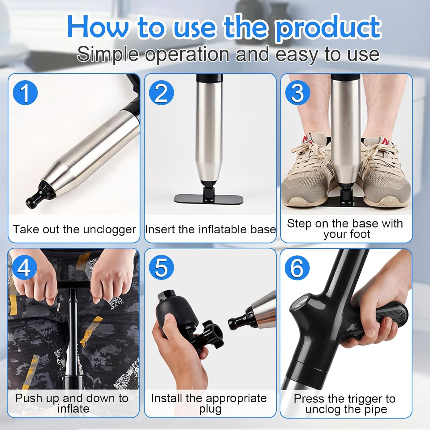 Toilet Plunger, Plunger Clog Remover, High Pressure Air Drain Blaster with Real-Time Barometer, Drain Clog Remover for Toilet, Bathroom, Sink, Floor, Kitchen Clogged, Black