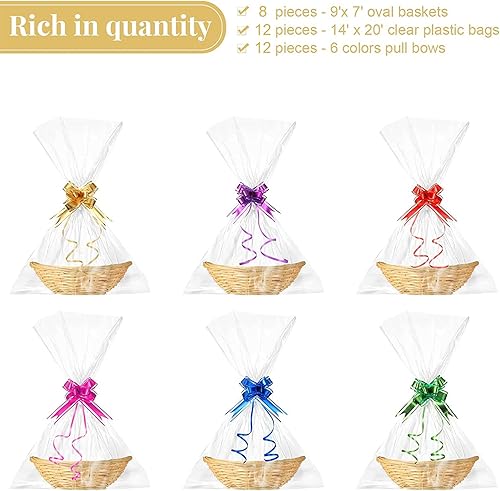 Miniatura 4 de Yulejo 8 cestas vacías para regalos, cesta de pan tejida ovalada de 9 x 7 x 3 pulgadas, 12 lazos coloridos, 12 bolsas de regalo para alimentos,