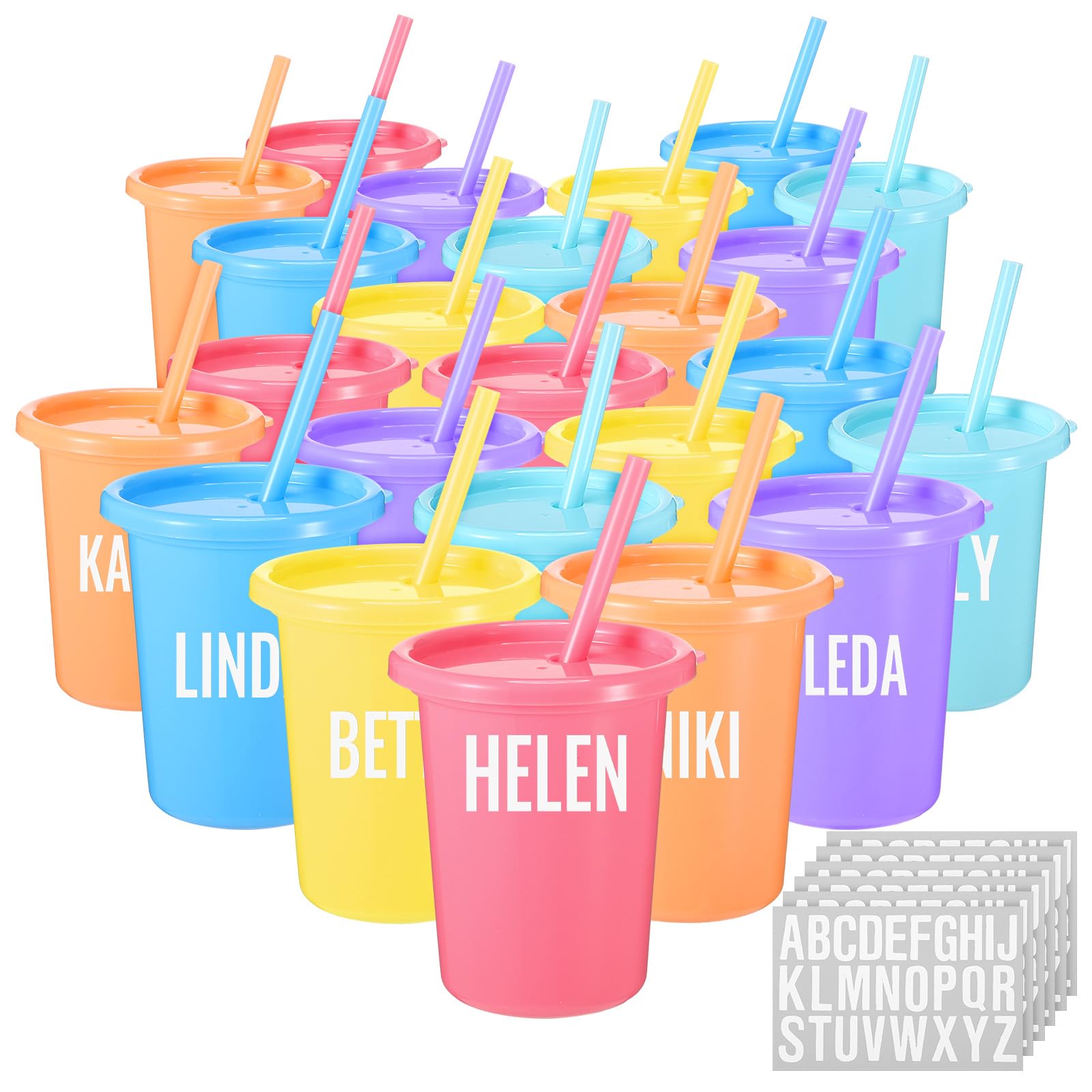 Nuanchu 24 Stück Becher mit Deckel und Strohhalmen, wiederverwendbare Becher mit Selbstaufklebern, Kunststoff-Wasserflasche, Eiskaffee, Reisebecher, Erwachsene, Kunststoff für Party, Macaron-Farben
