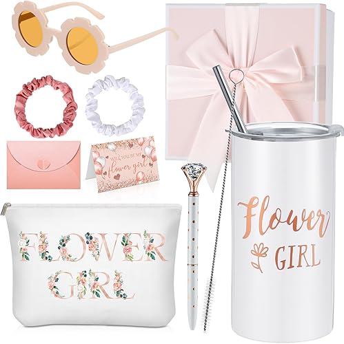 Sieral Juego de 9 regalos de propuesta para niña de las flores, vaso personalizado con pajita, caja de regalo para novia, bolsa de lona, lentes de