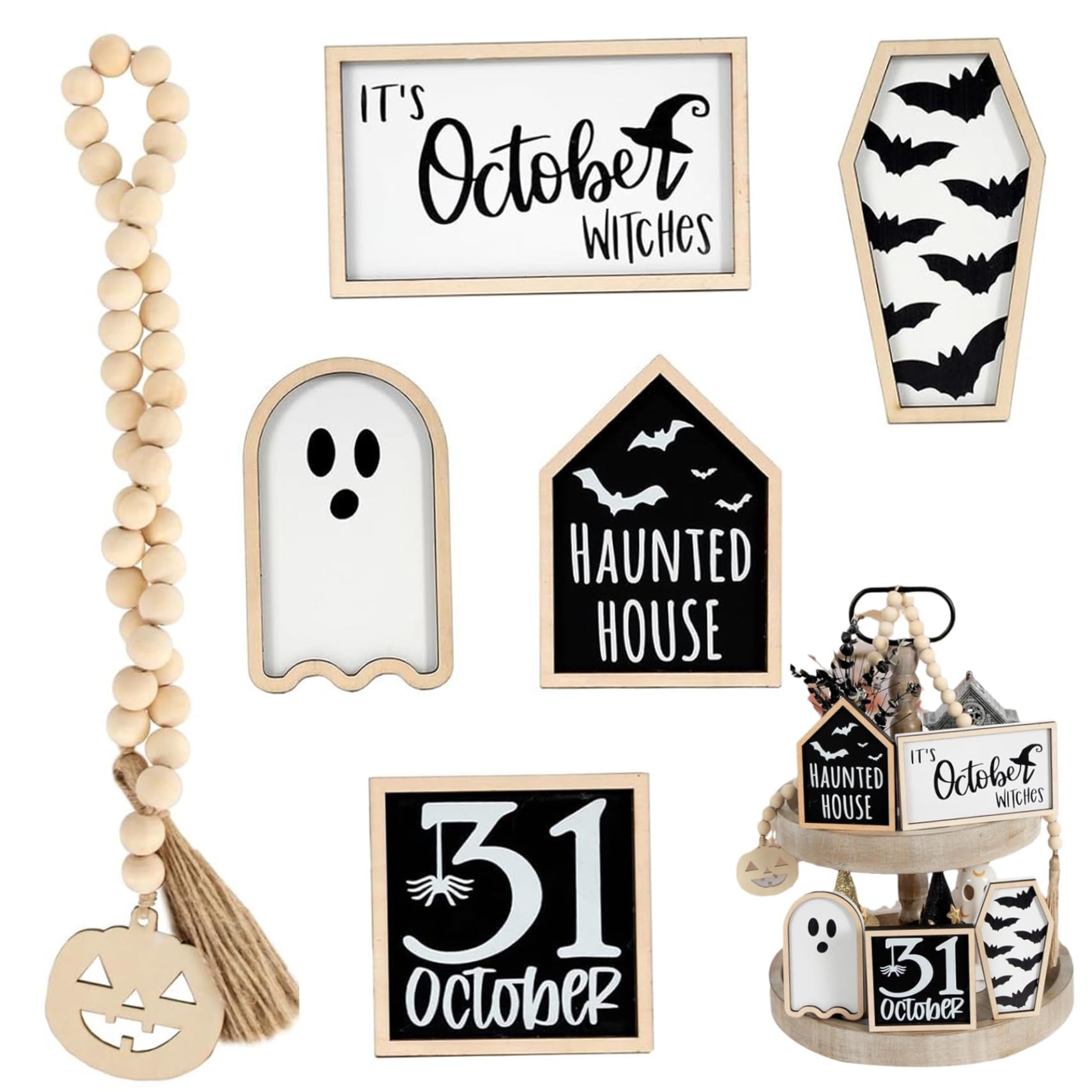 Bandeja decorativa escalonada de Halloween: juego de 6 piezas de madera para interiores