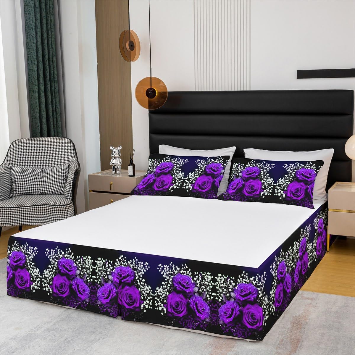 Valentine's Day Girly Bed Skirt King Size,Rose Flowers Romantic Bedskirt 3pcs for Girls Women Room Decor,Florals Rustic Farmhouse Bed Wrap Bedding,Purple Dreamy Fitted Sheet,2 Pillowcases