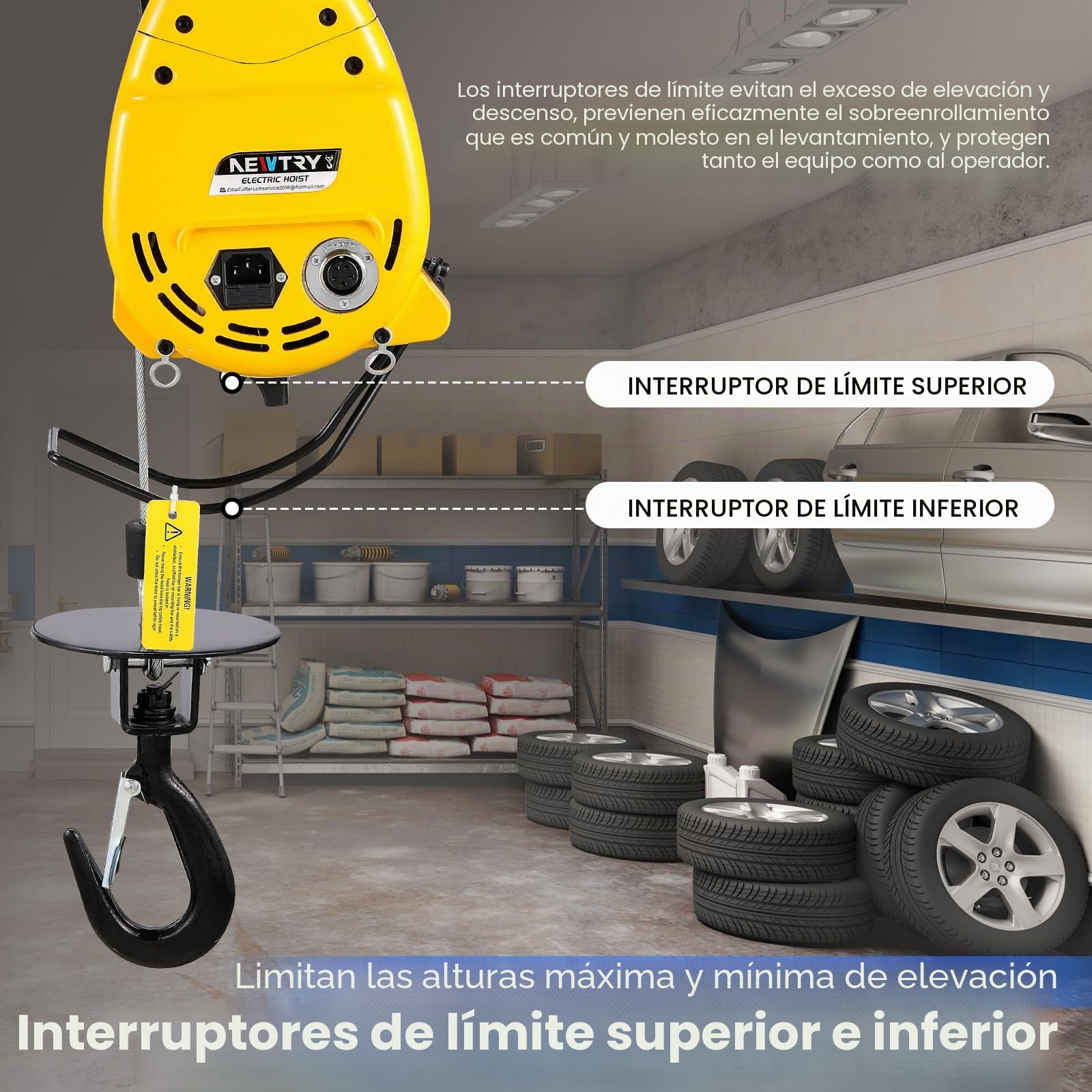 NEWTRY 300KG Polipasto eléctrico 1600W Motor Cabrestante 19M/min Elevación rápida Altura máxima de elevación 30 metros, 2 en 1 mando por cable y mando a distancia para garaje, taller 220V CE