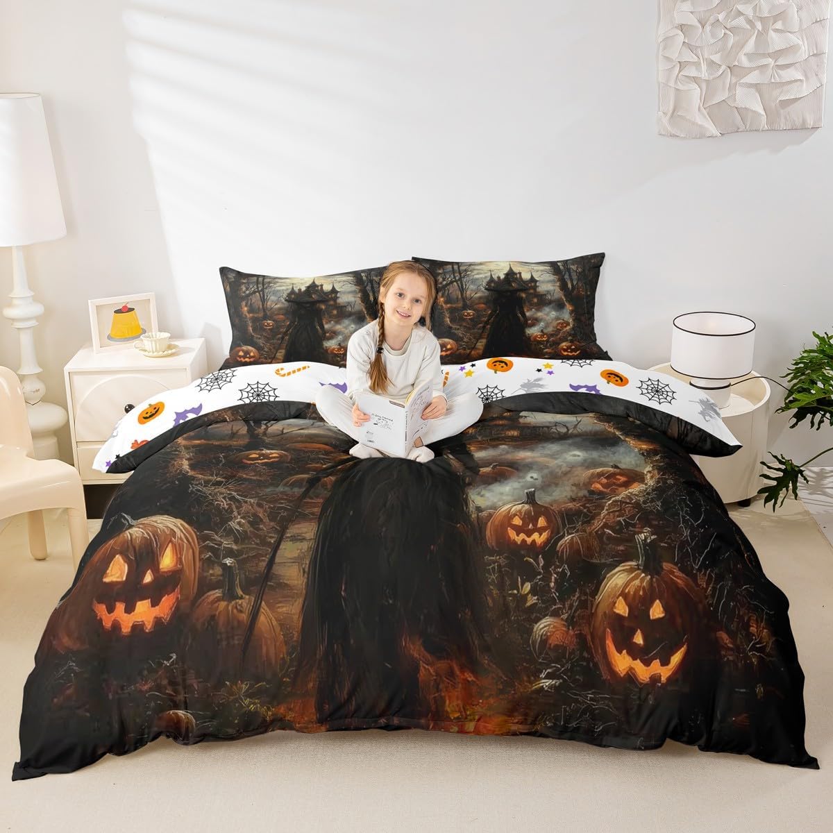 Castle Fairy Gothic Witch Duvet Cover Sets King Size,Pumpkin Lantern Bedding Set 3Pcs for Kids Girls Boys Adults Room Decor,Horror Scenery Bedspreads Cover Halloween Theme Quilt Covers,2 Pillowcases