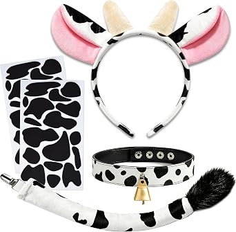 U-Zomir Cow Costume Set, Cow Ears Headband Cowbell Collar Choker Tail and 34pcs Adhesive Felt Pads Stickers for Halloween Cosplay DIY Dress Up Pink