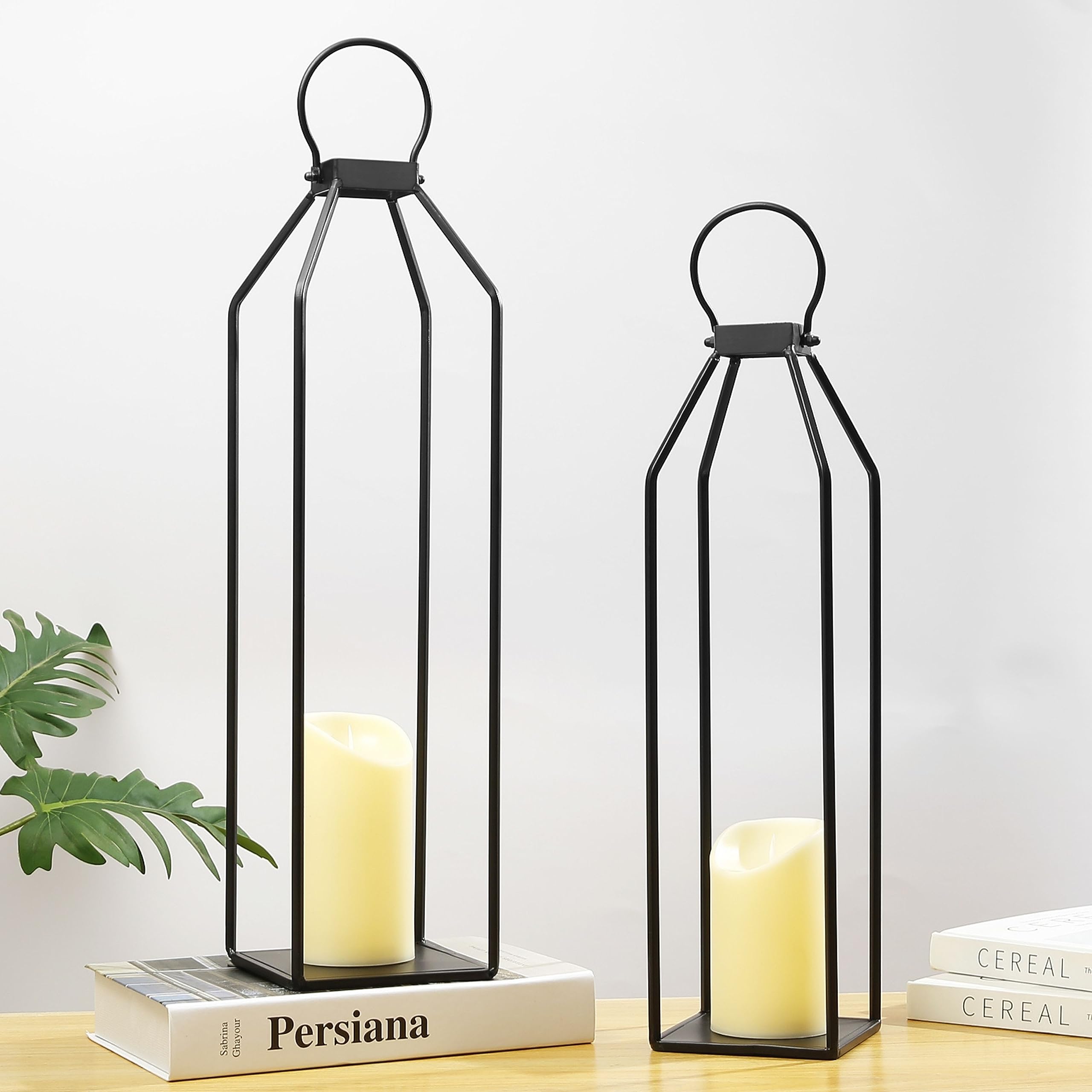 Set 2 Lanterne Decorative In Metallo Per Fattoria Moderna - Con Candele LED - 40 E 32 Cm, Nero