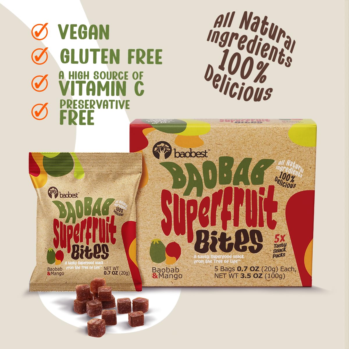 Baobest Superfruit Bites - Baobab Fruit Snack Variety Pack - Berry, Mango, and Raspberry - Vegan, Gluten Free, High in Vitamin C, Preservative-Free, Superfood Snack from the Tree of Life - 30 Servings