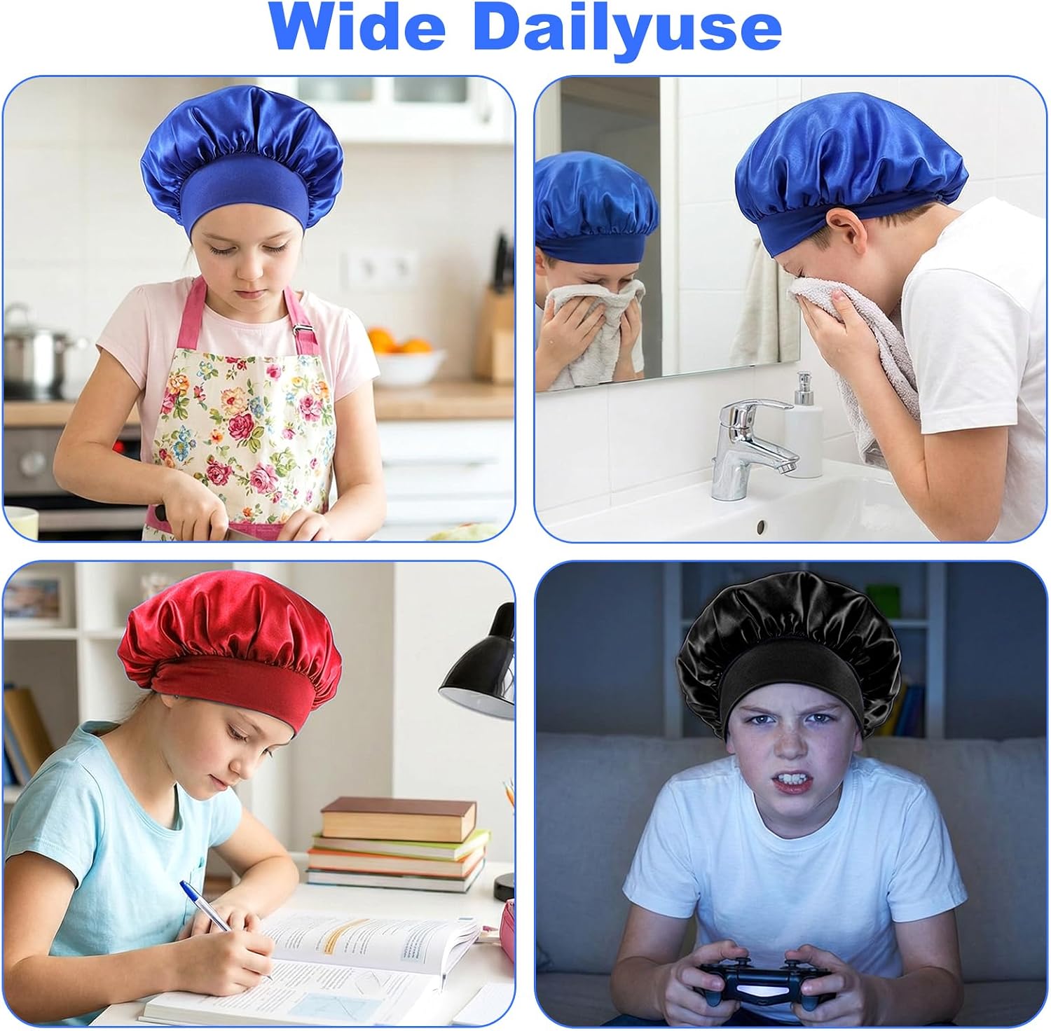 Kids Bonnets for Girls, 3Pcs Soft Satin Bonnets for Kids Sleeping, Elastic Wide Band Toddler Bonnet Sleep Cap for Teens Boys Child Curly Hair Braids (Blue, Red, Black)