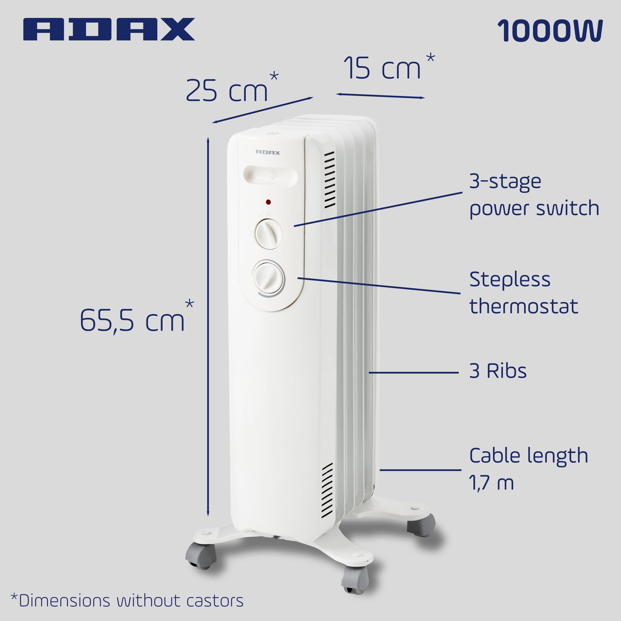 Adax Basic NOVA 10 - grzejnik olejowy 1000 W, dodatkowy grzejnik elektryczny z regulowanym termostatem, cichy, mobilny grzejnik elektryczny z kółkami i zabezpieczeniem przed przewróceniem