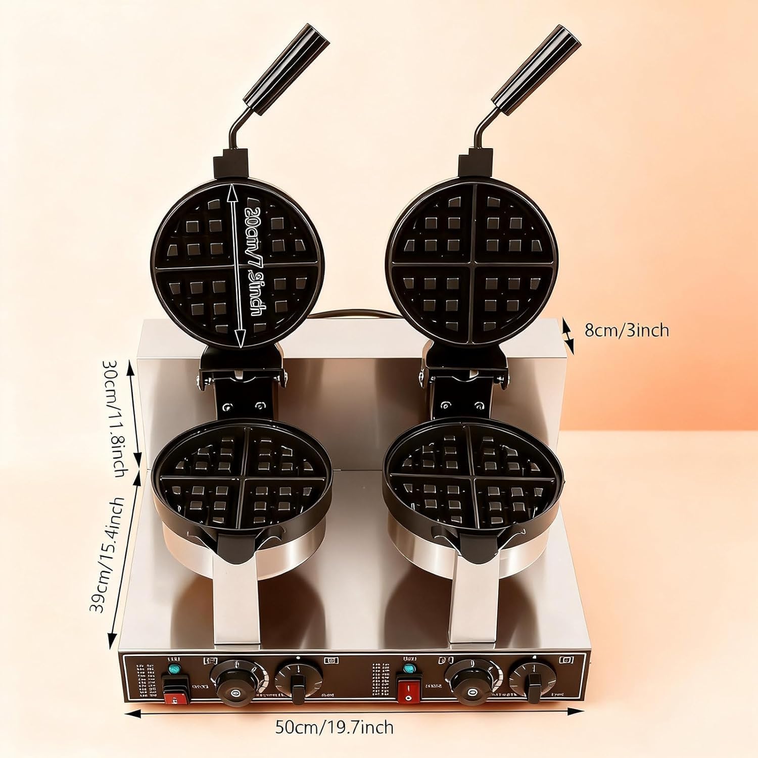 Gofrera Comercial, 2400 W, Acero Inoxidable, Doble Cabezal Giratorio, Antiadherente, Molde Redondo Para Gofres Belgas, Ideal Para Hornear Y Preparar Desayunos En Panaderías, Restaurantes Y Bares.