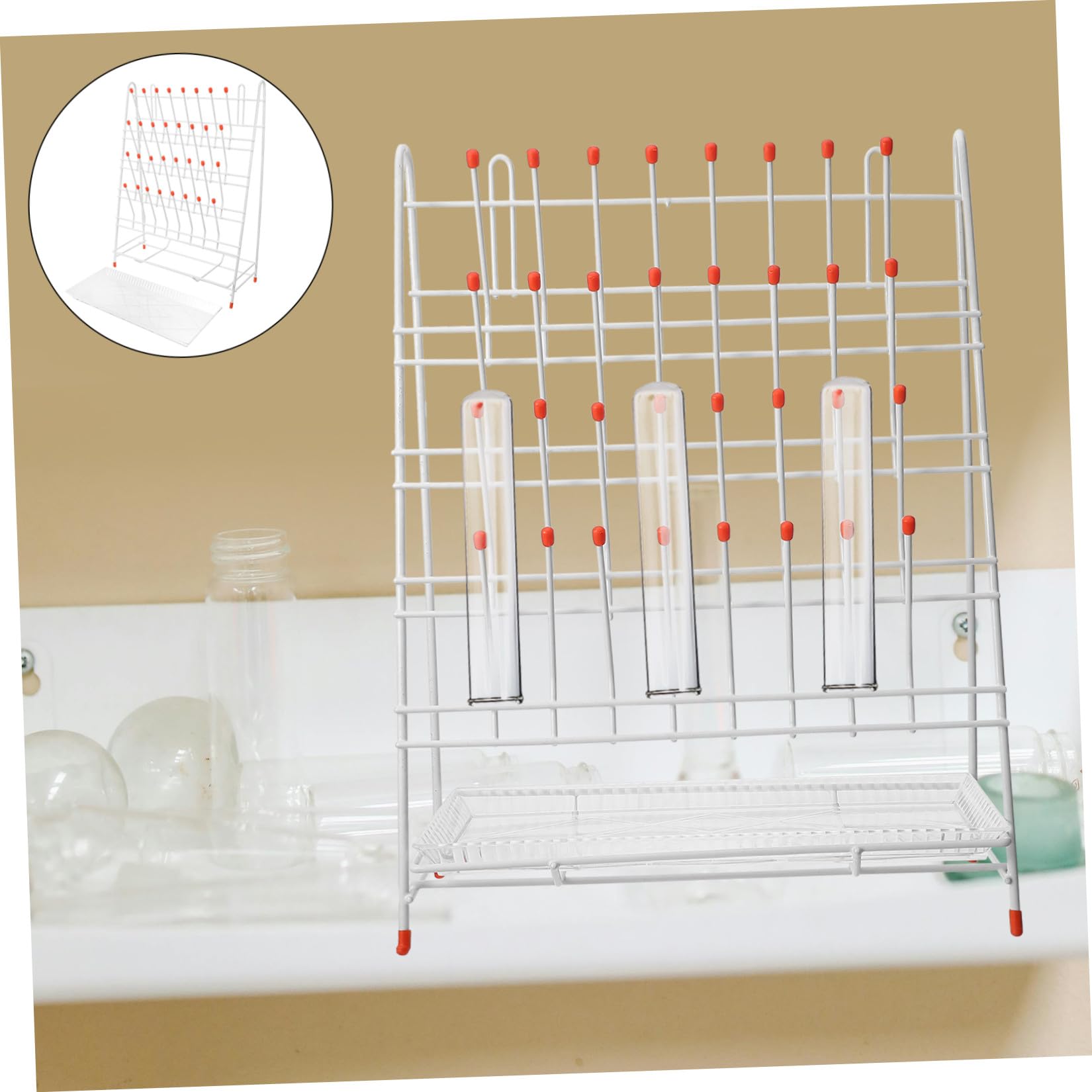 Gocciolatoio per Laboratorio in Ferro Bianco 32 Posti, Design Stabile e Durevole, Supporto per Essiccazione Provette e Contenitori da Laboratorio