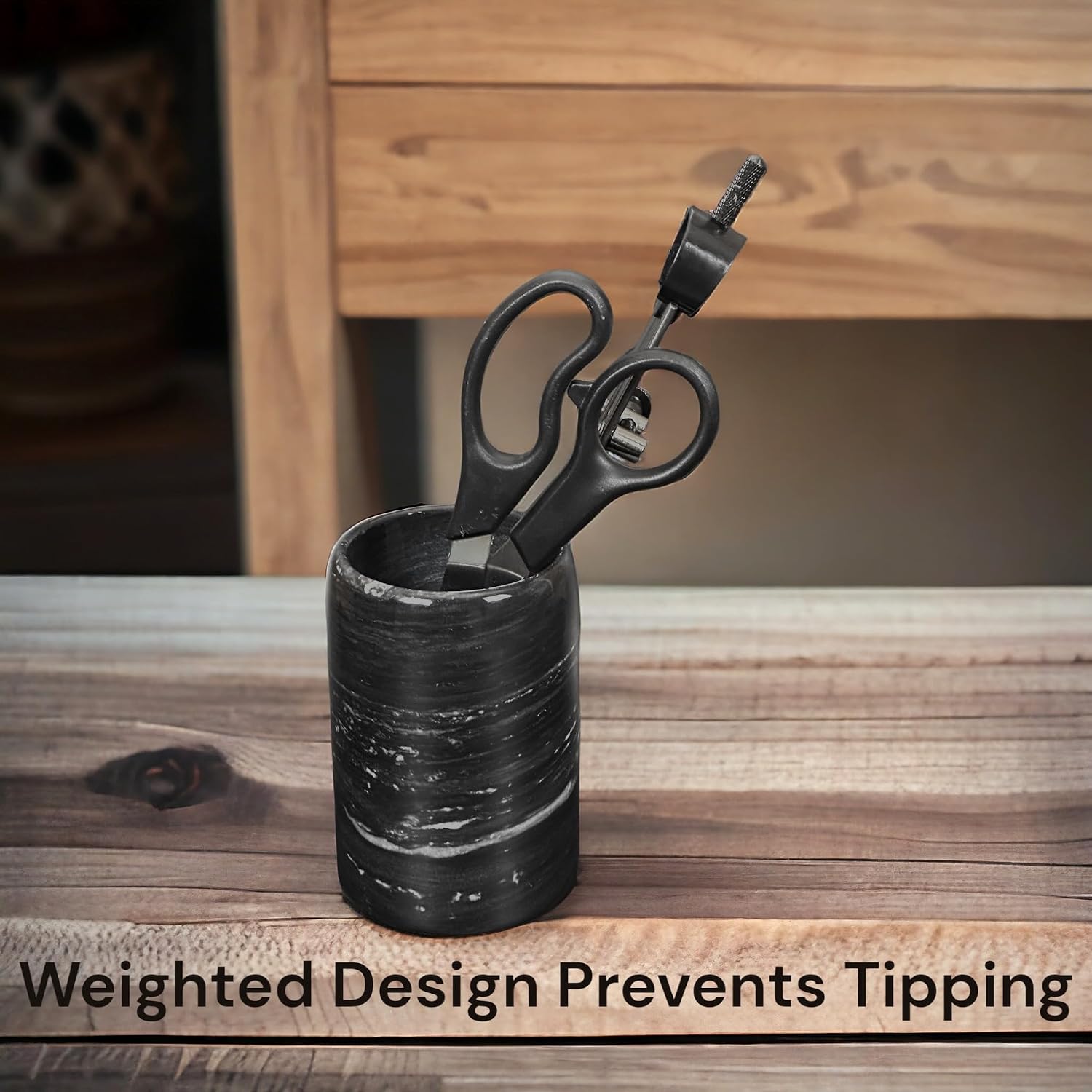 Hapton House Black Natural Marble Pen Holder - Pencil Holder - Makeup Brush Holder - Toothbrush Holder - Office and Bathroom Organizer - Home Décor image 3