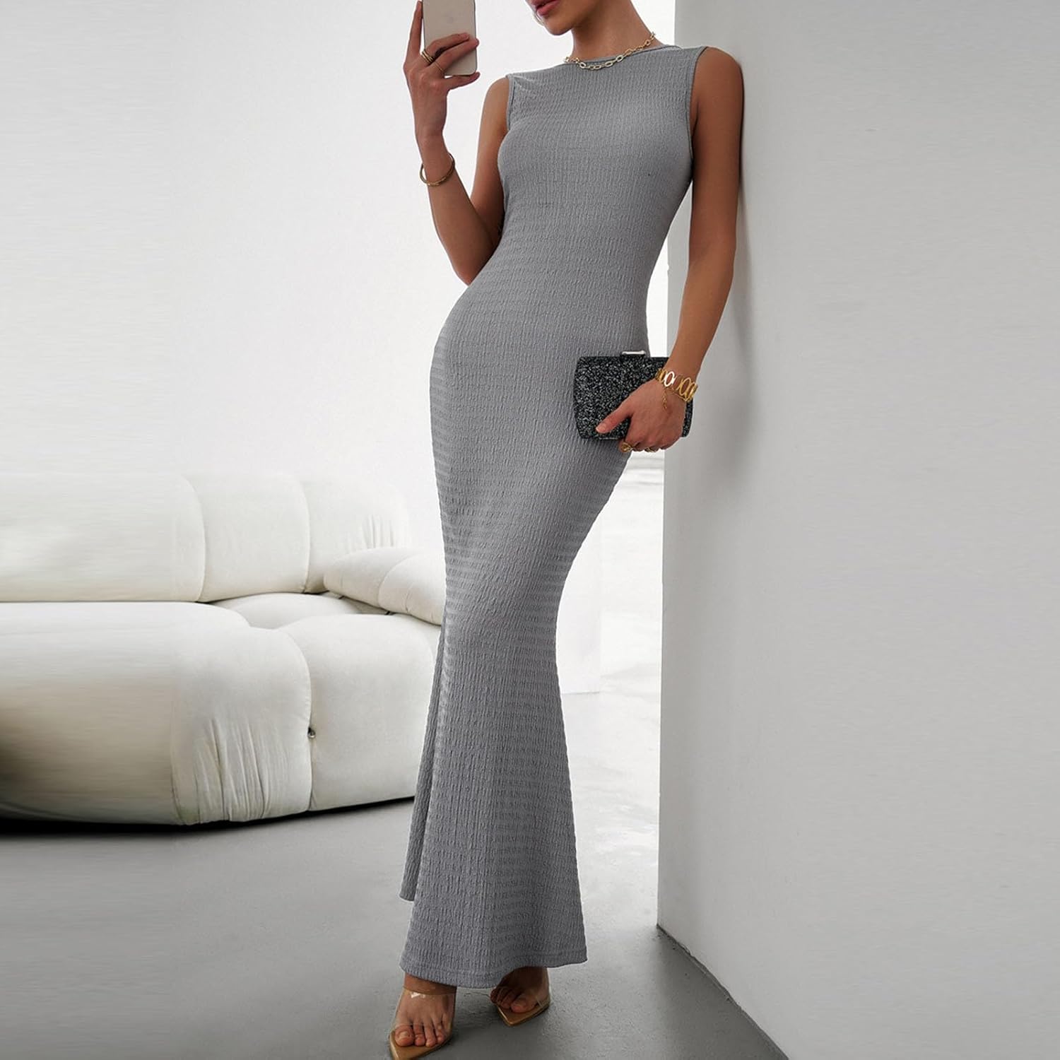 Women's Sleeveless Bodycon Maxi Dress Round Neck Textured Mermaid Dresses Formal Evening Club Dress 2026