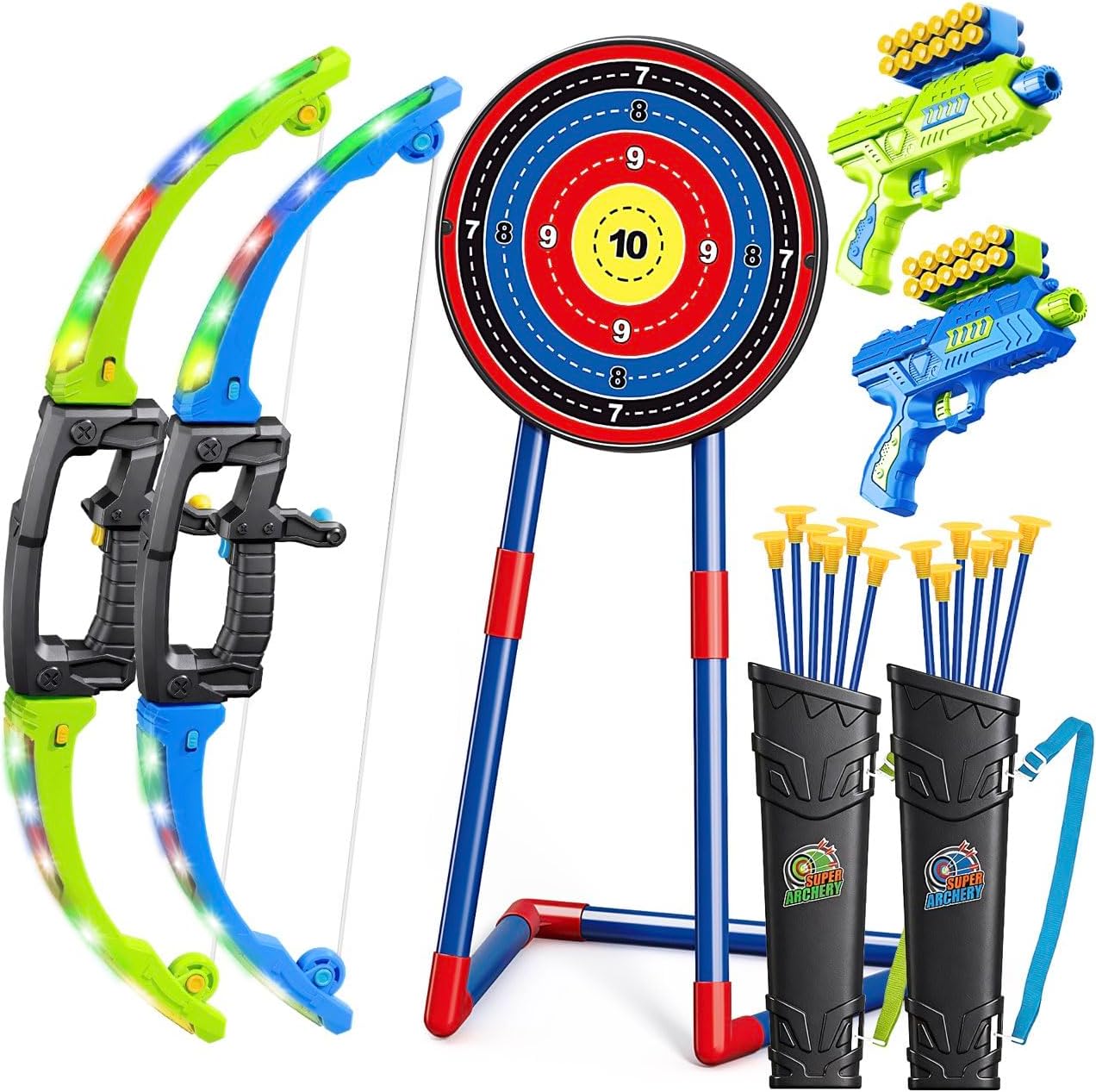 2 Pack Bow and Arrow Toy for 5 6 7 8 9 10+ Year Old Boys, Ideal Gift for Kids, Indoor Outdoor Shooting Game Toy for Ages 4-8 8-12, LED Light Up Archery Set with 12 Suction Cup Arrows